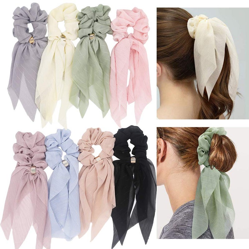 DINPREY Scarf Hair Ties for Women Girls, 8 Pcs Double Layer Bow Scrunchies for Hair Cute Bunny Ear Bow Scrunchies with Assorted Colors - Image 1